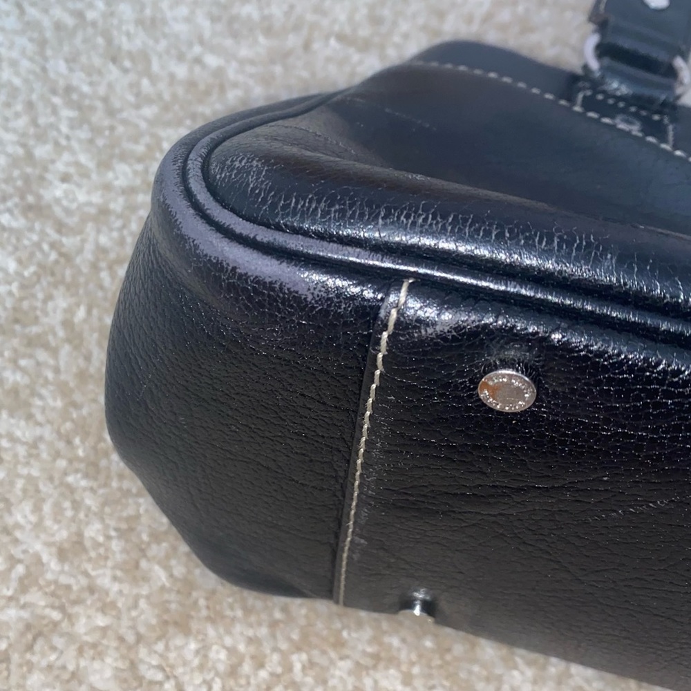 VTG Kate Spade Black Leather Wide Shoulder Silver Hardware Striped Interior Bag - Picture 10 of 13